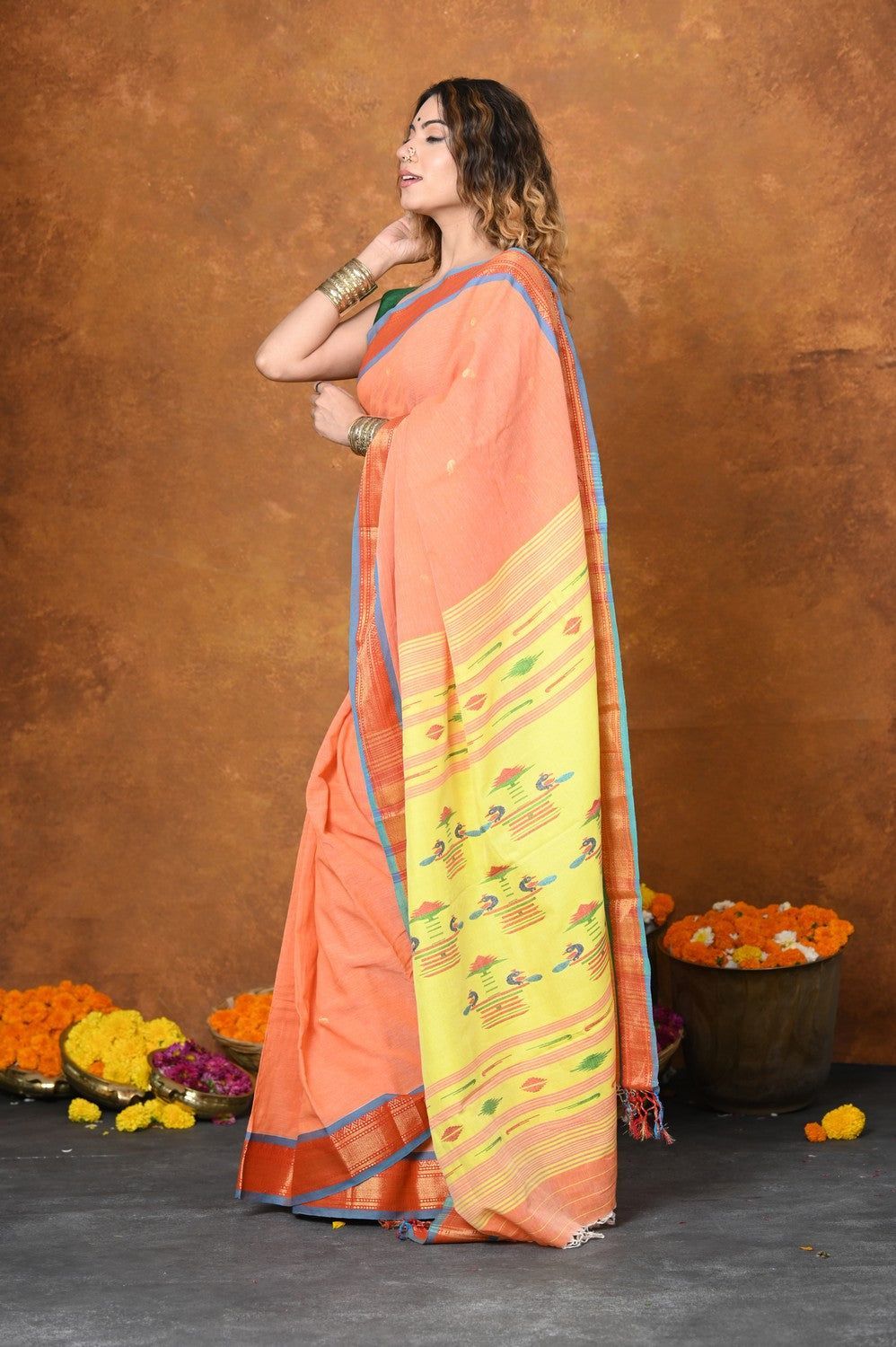 Jijamata Border Pure Cotton Paithani Saree With Traditional Double Pallu ~ Serene Orange