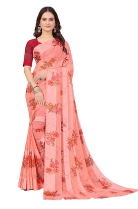Women's Sattin Patta Printed Saree with Unstitched Blouse (Peach)