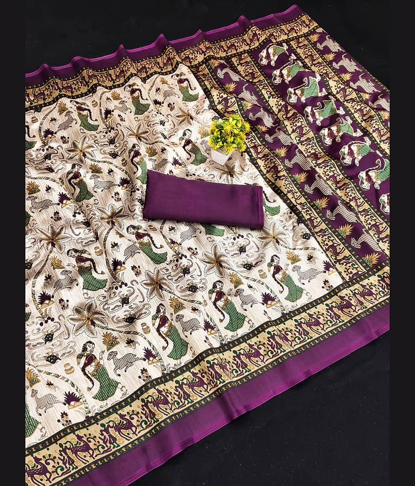 Kanooda Prints Art Silk Printed Saree With Unstitched Blouse Piece ( Purple )