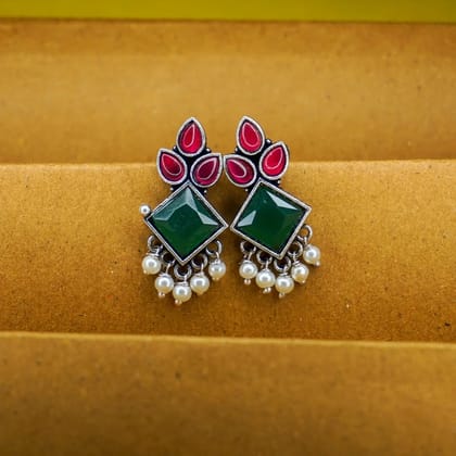 Oxidized Silver Earrings with Green Pink Stones