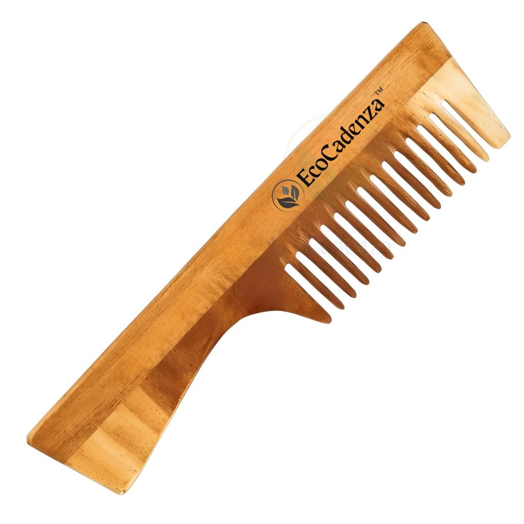 EcoCadenza Neem Wood Full Size Comb, Ethically Sourced, Controls Dandruff, Treated with Oils and Herbs - 7.5 Inch