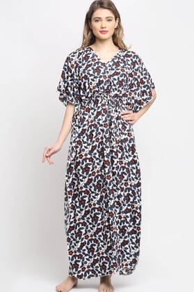 White and Blue Floral Printed Viscose Rayon Kaftan-ONESIZE