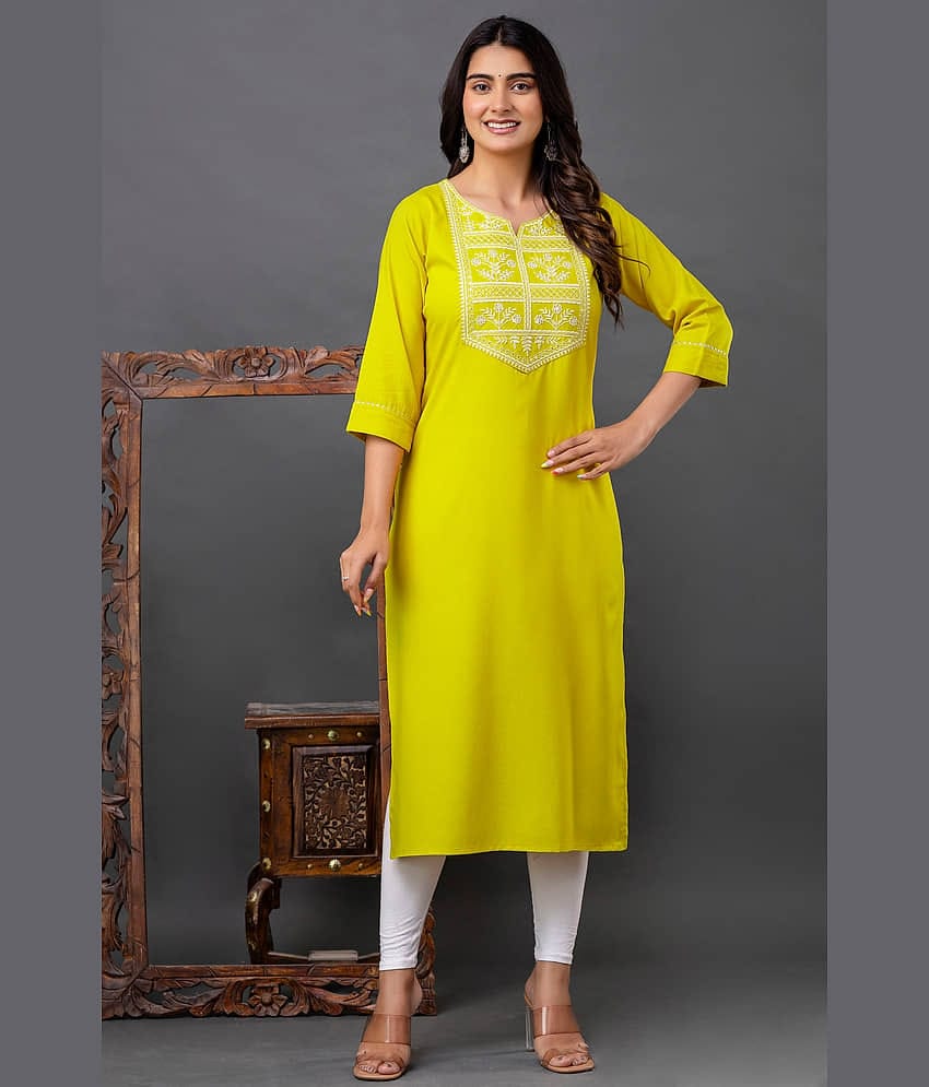 Kapadia Pack of 1 Rayon Embroidered Straight Women's Kurti - ( Yellow )