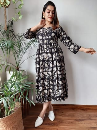 Hypnotic Blockprinted Cotton Black Long Dress-36(S)