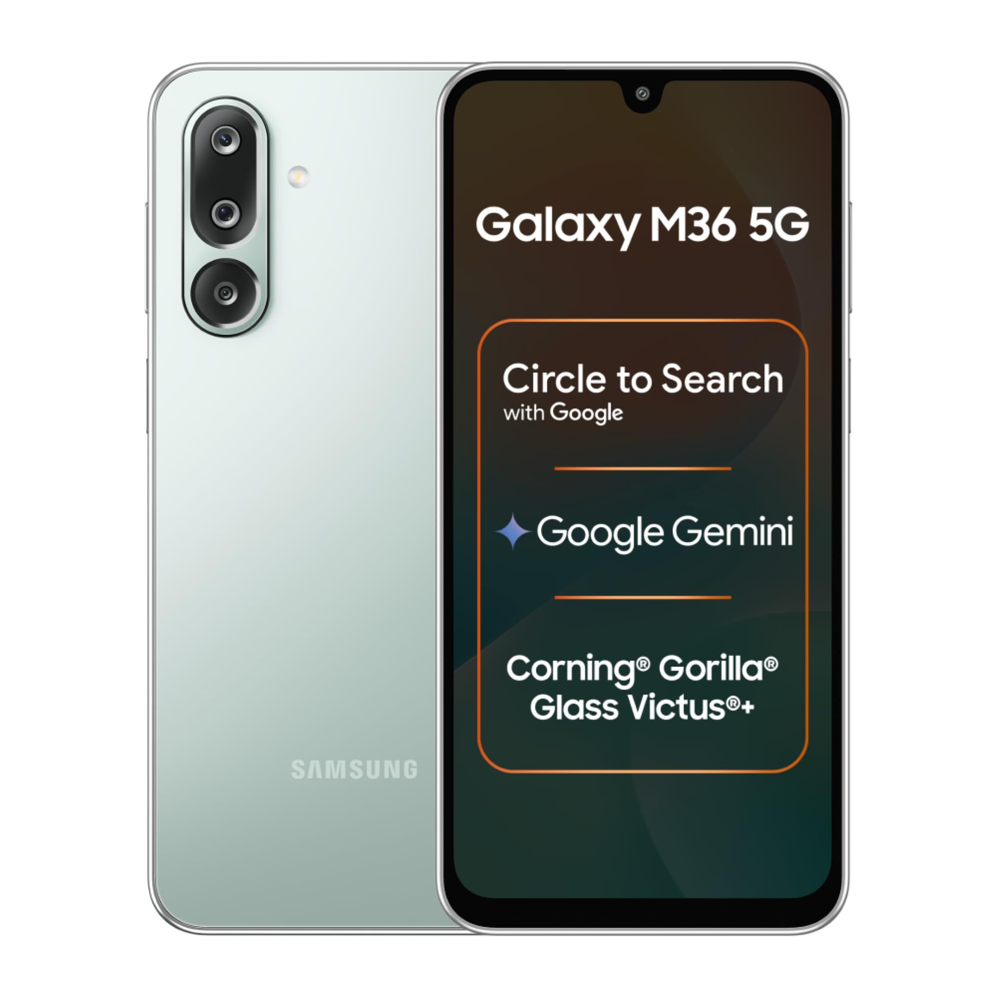 Samsung Galaxy M36 5G Mobile (Serene Green, 8GB RAM, 256GB Storage) | Google Gemini| Gorilla Glass Victus+ | 7.7mm | AI Enhanced 50MP OIS Triple Camera| Nightography| Lag-free Gaming | Without Charger Samsung Galaxy M36 5G Mobile (Serene Green, 8GB RAM,