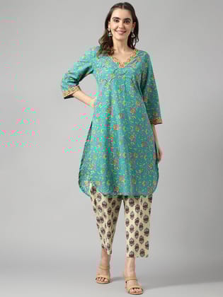 Ethnic Motif Green Suit Set-XXL