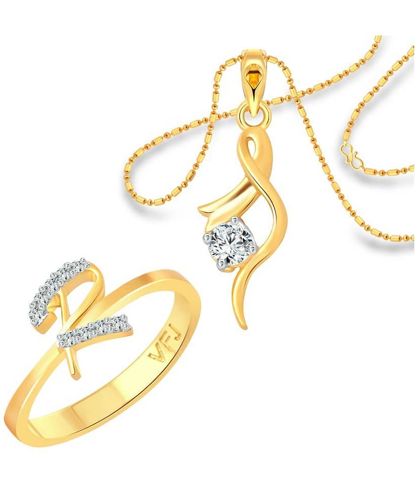 Vighnaharta "R" Letter Ring with Solitaire Pendant (1190FRG-1214PG) CZ Gold and Rhodium Plated Alloy Combo set for Women and Girls- VFJ1168RPG8