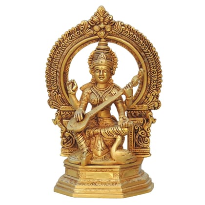 Brass Saraswati Devi God Idol - Premium Handcrafted Statue, Height : 9.6 Inch (BSMAS1325 S)