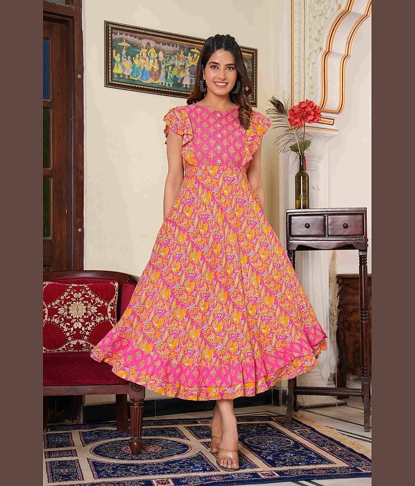 Yash Gallery Rayon Printed Anarkali Women's Kurti - Pink ( Pack of 1 )