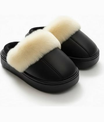 Children’s Winter Slippers in Black with Faux Fur Trim and Elastic Fit