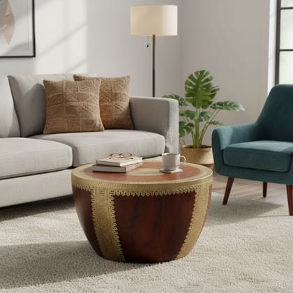 Round Wooden Coffee Table with Ornate Brass Accents