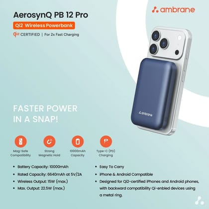Ambrane AerosynQ PB 12 Pro Qi2 Wireless Power Bank, 10000mAh Magnetic Portable Charger, Qi2 Fast Wireless Charging, Fast Wired Charging, MagSafe Compatible Power Bank for iPhone & Android Smartphones (Random Color) Ambrane AerosynQ PB 12 Pro Qi2 Wireless Power Bank, 10000mAh Magnetic Portable Charger, Qi2 Fast Wireless Charging, Fast Wired Charging, MagSafe Compatible Power Bank for iPhone & Android Smartphones (Random Color)