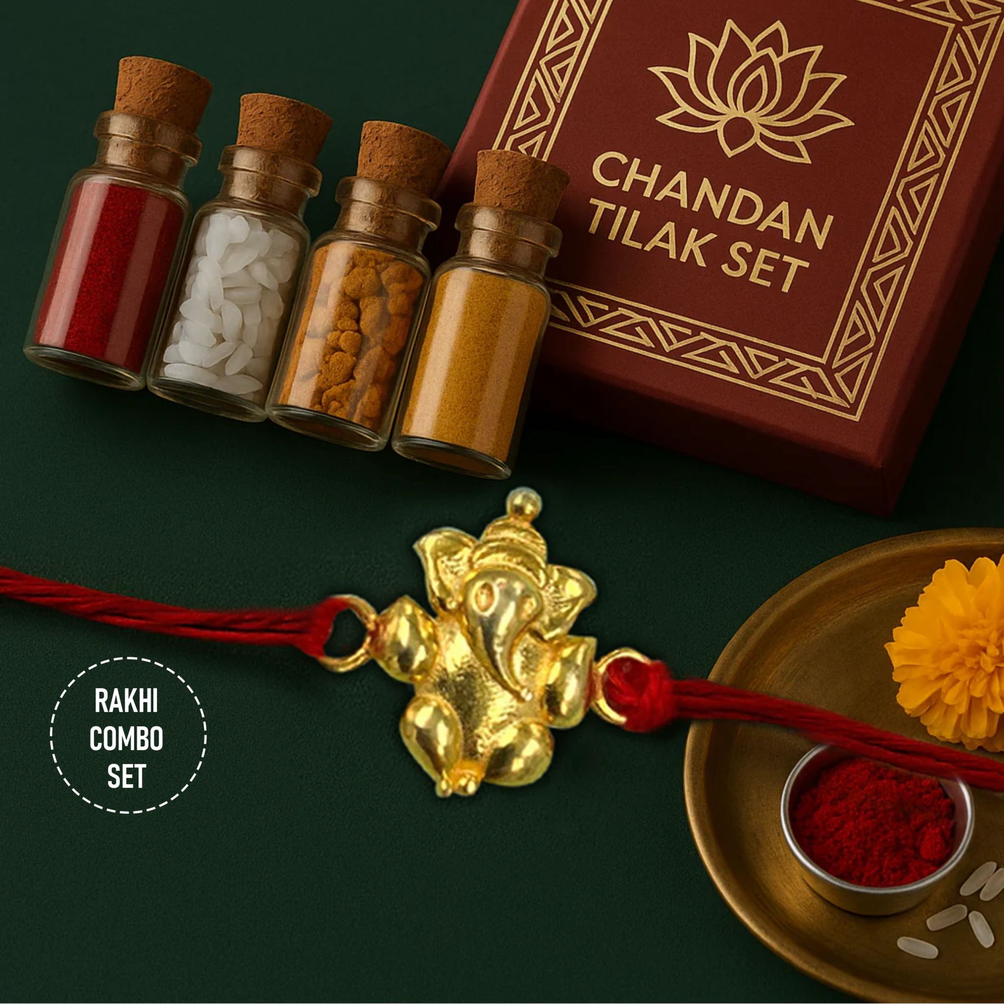 Pure 92.5 Silver Ganesha Rakhi with Chandan Tilak Set