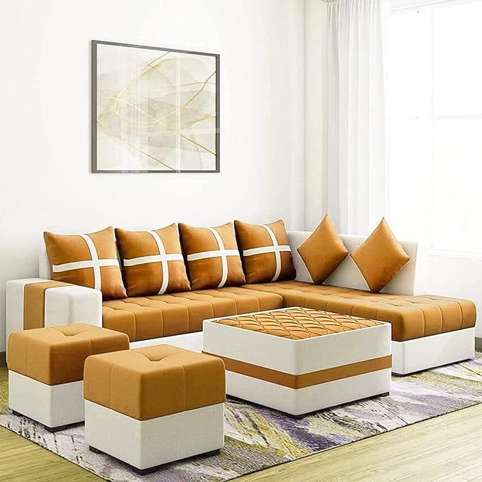 Starlet Furniture L Shape 8 Seater Sectional Fabric Sofa Set with Center Table and 2 Puffy Living Room (Left Side, Orange)
