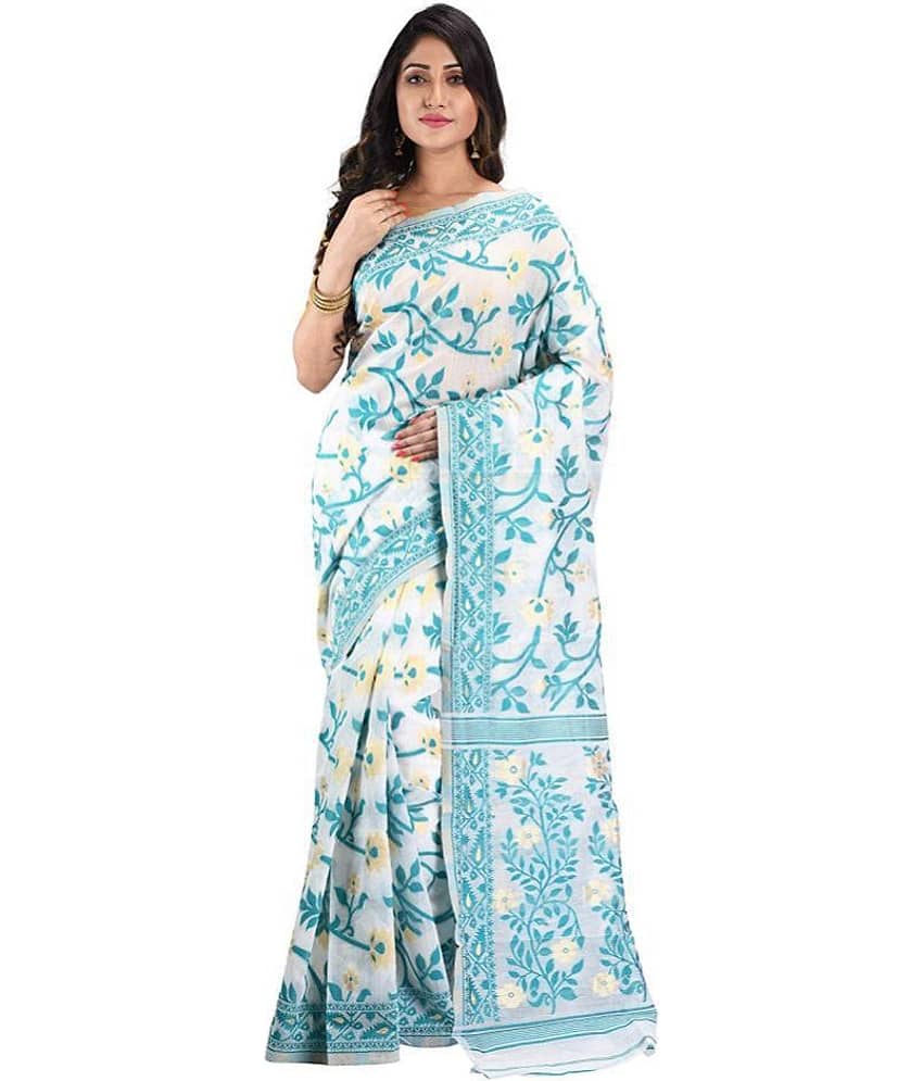 Desh Bidesh Cotton Blend Printed Saree With Unstitched Blouse Piece ( White )