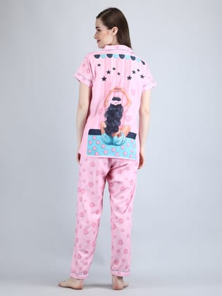 Women's Lounge Wear Night Suit Swiss cotton-Attractive Digital Print Pink-M