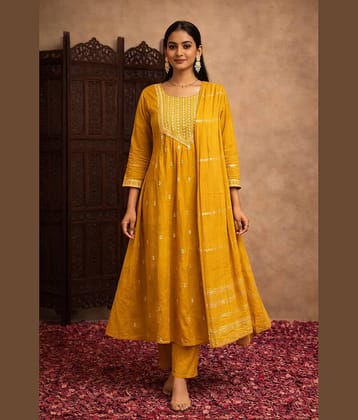 Aarika Women Cotton Blend Embroidered A-line Kurti With Pants ( Olive )