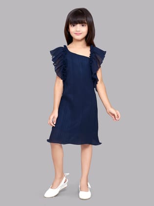 Pink Chick Navy Blue Flutter Sleeves Dress-5-6 Y / Navy Blue