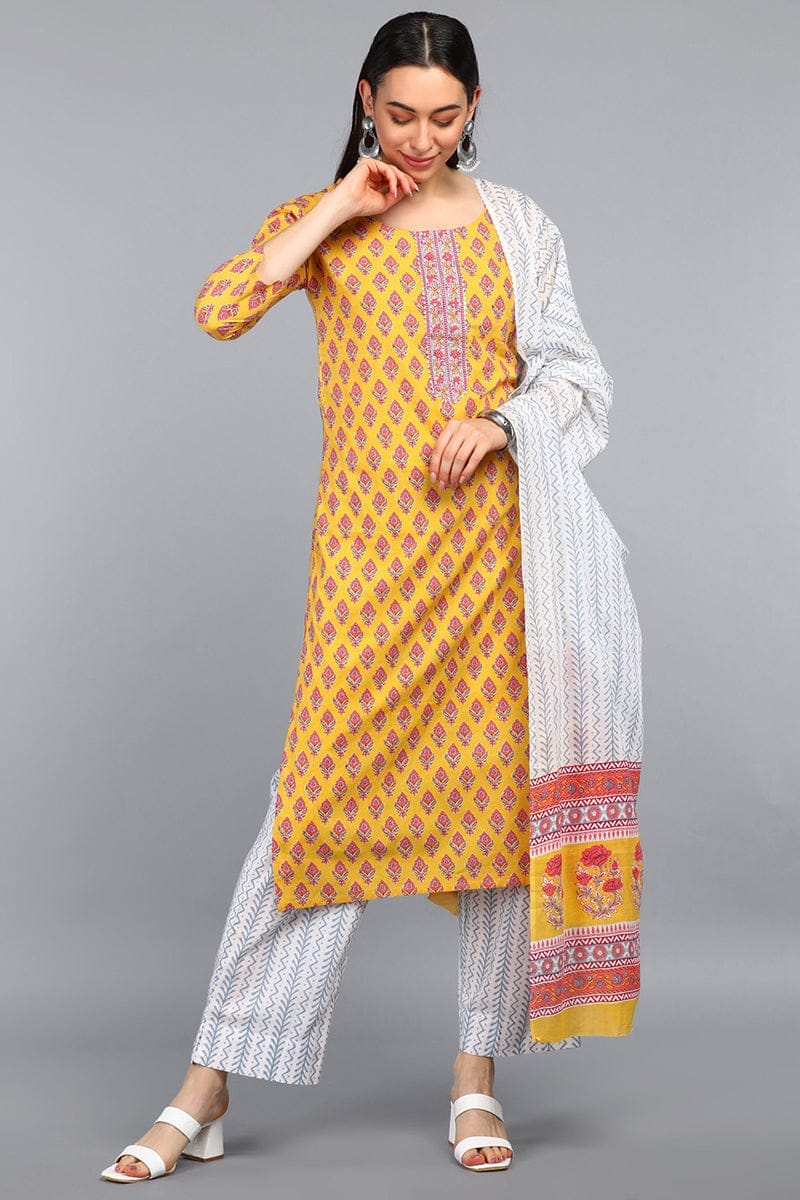 Mustard Polyester Straight Kurta Pant With Dupatta PKSKD1066