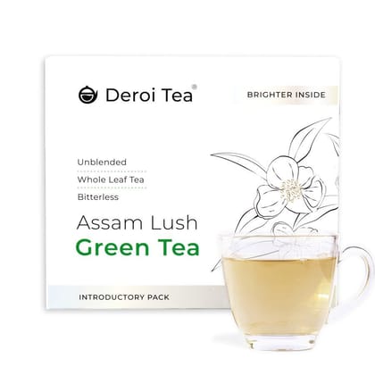DEROI TEA Assam Lush Green Tea | CARBON-FREE DRIED TEA | 100% Natural Whole Leaf | Assam Tea | 1Bud & 2 Leaves| BITTERLESS | Antioxidant Rich - 100 gm - 100 gms Whole Leaf Green Tea - 60 Cups