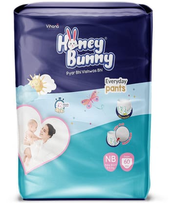 Honey Bunny Pants Diapers New Born -60 pcs with Wetness Indicator,Silky Soft -Bubble sheet (0-5 kgs)