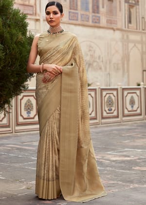 Safari Beige Woven Banarasi Silk Saree With Digital Print
