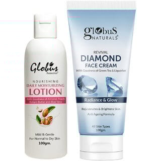 Globus Naturals Velvet Glow Body Care Combo  Daily Moisturzing Body Lotion  Diamond Face Cream