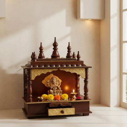 Handicraft Brass Embossed Wall-Temple, Wooden Natural-Brown Desk-Temple, Home-Decors Hindu Pooja-Mandir
