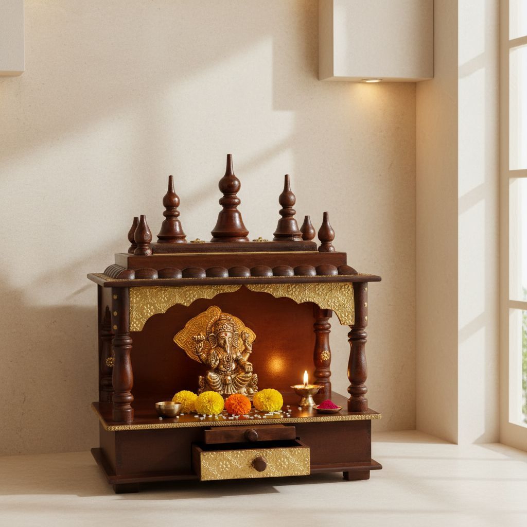 Handicraft Brass Embossed Wall-Temple, Wooden Natural-Brown Desk-Temple, Home-Decors Hindu Pooja-Mandir