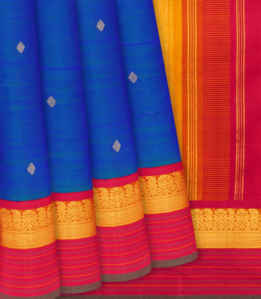 Blue Handloom Kanchipuram Silk Saree With Buttas-Blue-Blue