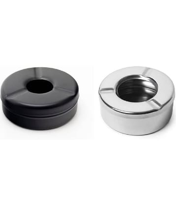 Stainless steel Black/Silver Round Lid Ash Tray- Set of 2