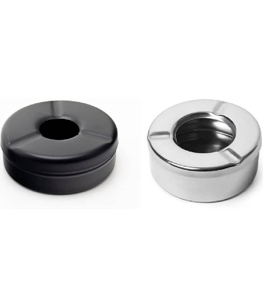 Stainless steel Black/Silver Round Lid Ash Tray- Set of 2