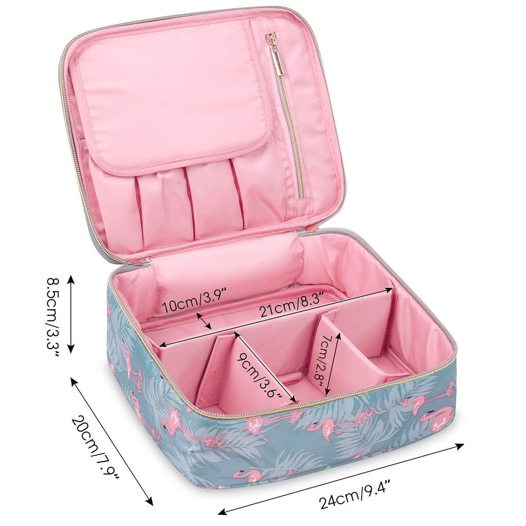 Flamingo Print Travel Makeup Bag with Adjustable Dividers - Portable Cosmetic Organizer
