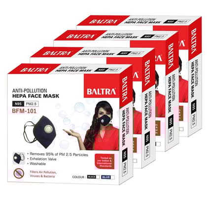 Baltra N95 Mask for Protection from Virus, Bacteria, Pollution Reusable, Washable, with Breathing Valve (pack of 4)