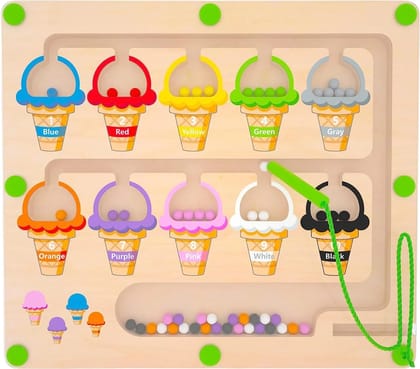 Wooden Magnetic Ice Cream Color Sorting Maze, Educational Counting Puzzle Board, Fine Motor Skills Toy for Ages 3-5