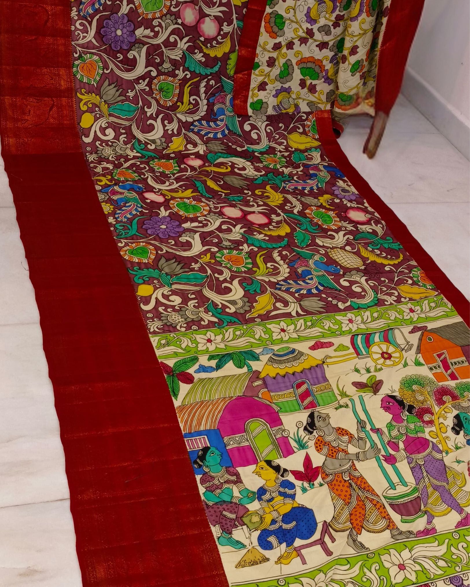 Syaahi Mangalagiri Pattu Kalamkari Crimson Maroon Saree