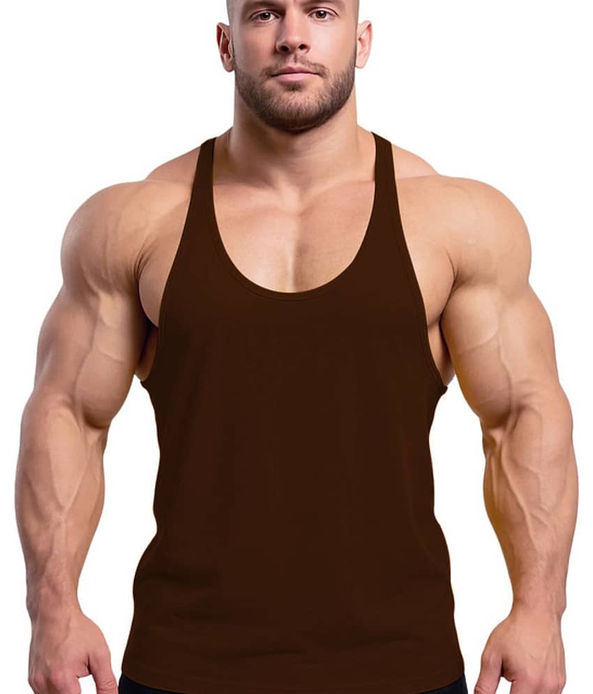 THE BLAZZE Brown Cotton Blend Regular Fit Men Gym Tank Top