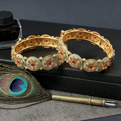 Rajwadi Multicolor Green Meenakari Work and Ruby Screw Openable Bangles Set Of 2