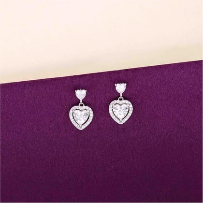 Sterling Silver Heart Solitaire Drop Earrings-White Stone / Silver