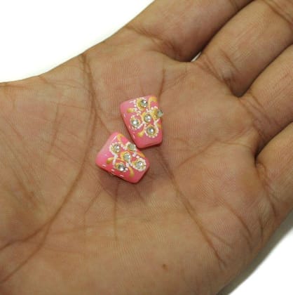 5 Pcs, 14x10mm Handpainted Kundan Work Tumble Beads Pink-Pink / Glass