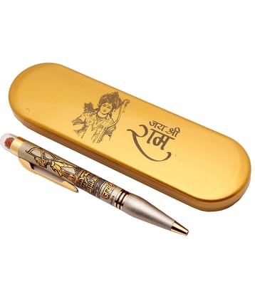 Lord Ram Ayodhya Mandir & Rudraksha Edition Ballpoint Pen Silver Metal Body & Golden Trims With Box