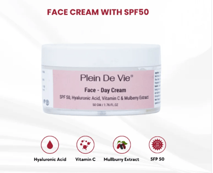 Face Day Cream SPF 50, Hyaluronic Acid, Vitamin C & Mulberry Extract - 50gms