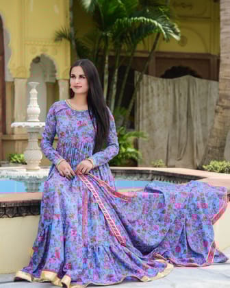 Blue Floral Anarkali Kurta Set-Blue Floral Anarkali Kurta Set / Silk and Viscose / S