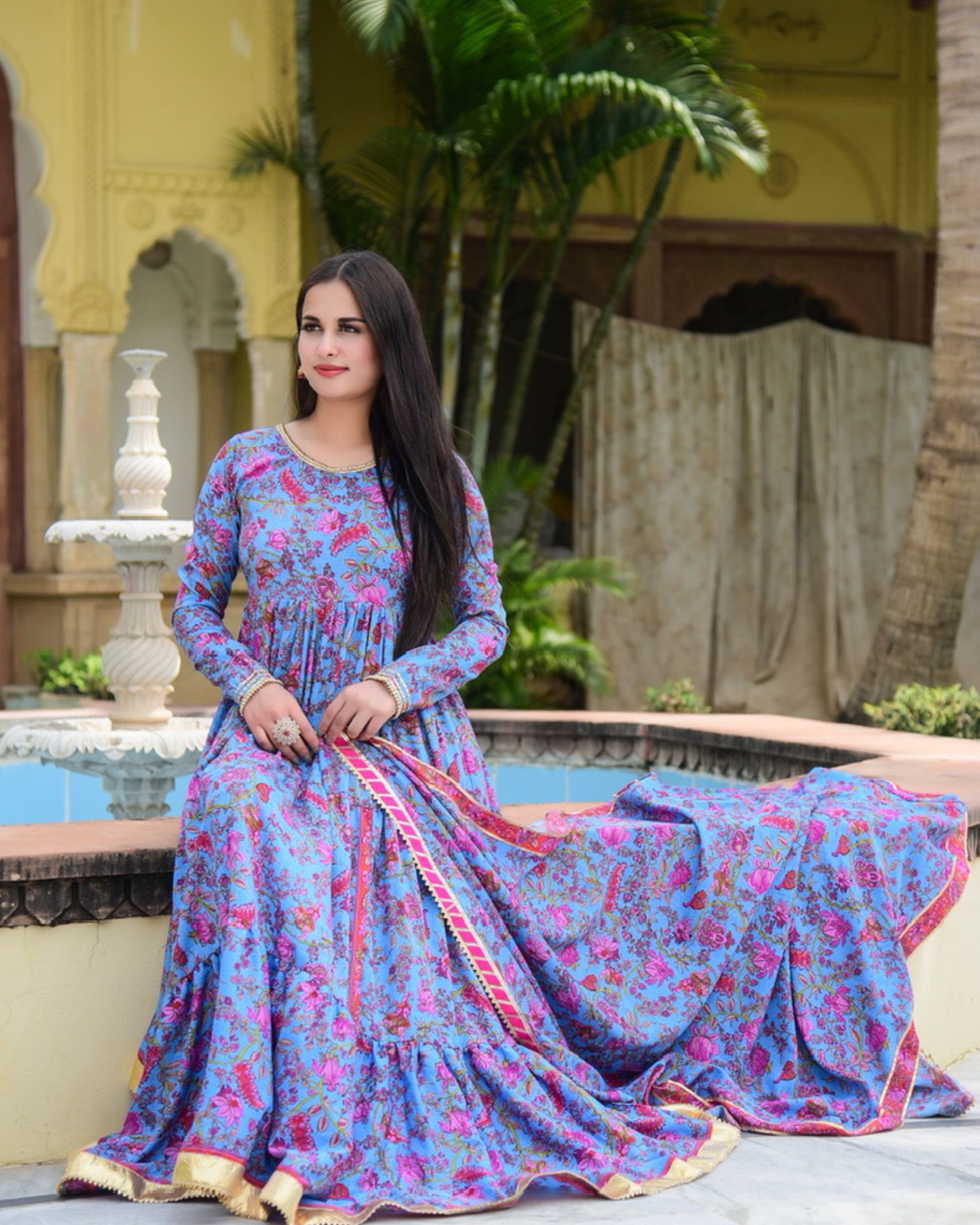 Blue Floral Anarkali Kurta Set-Blue Floral Anarkali Kurta Set / Silk and Viscose / S