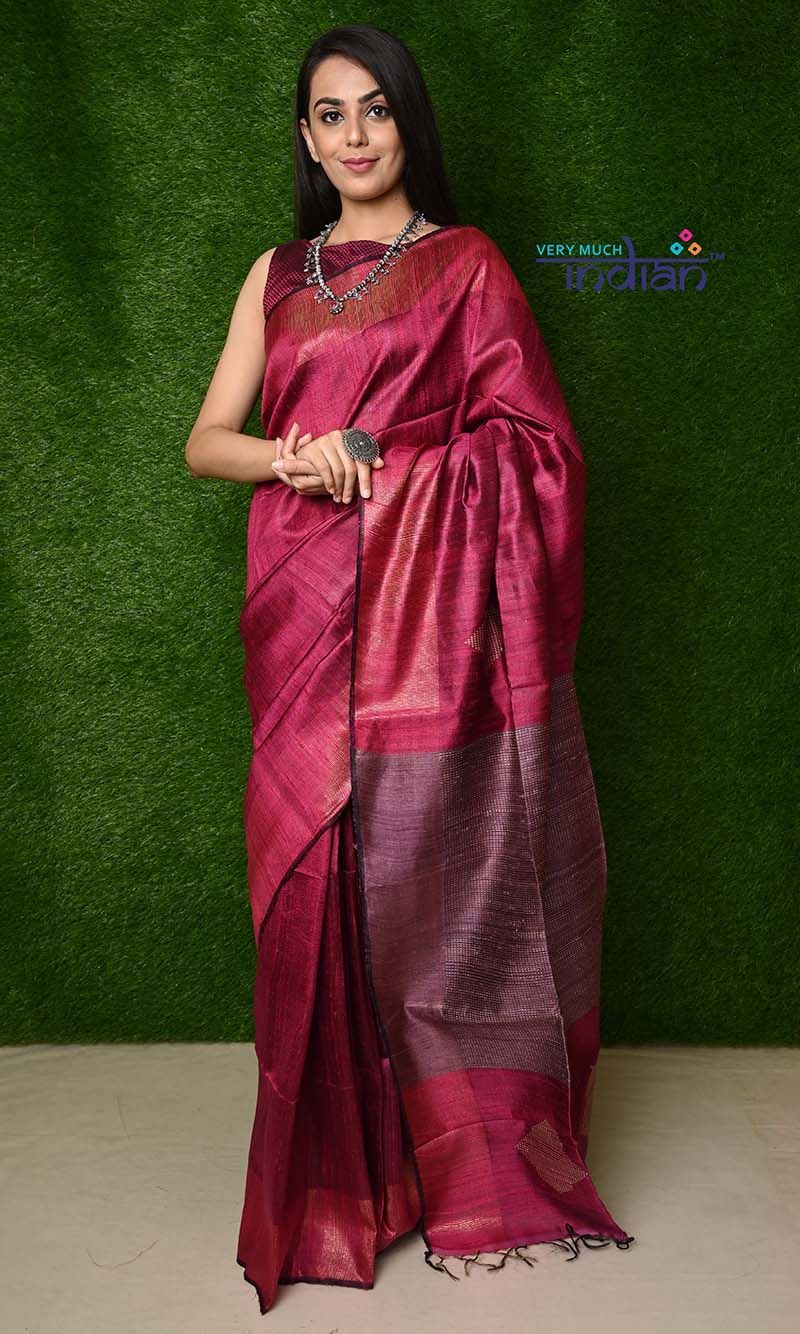 Handwoven Raw Dupion Silk - Elegant Pink with Mauve Pallu