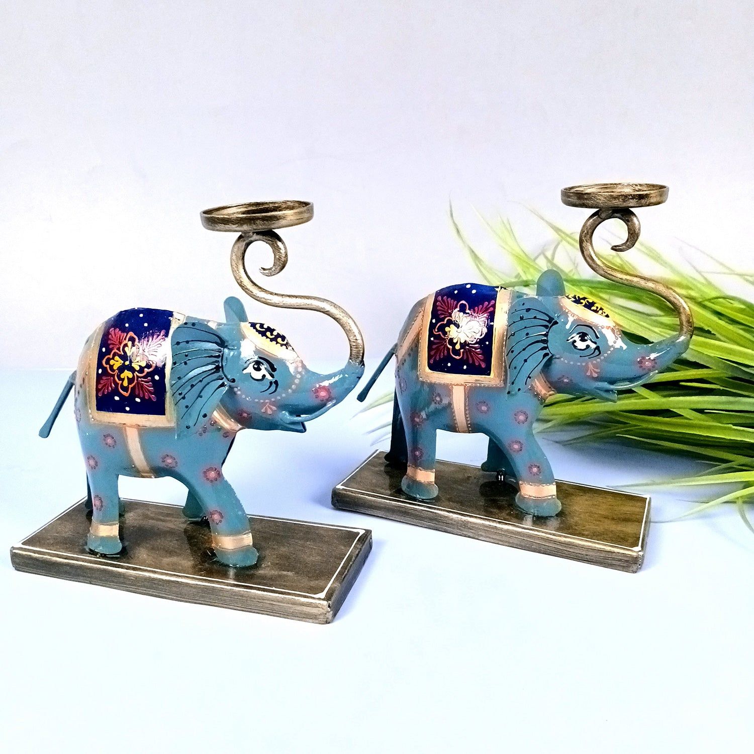 Elephant Tea Light Stand Showpiece | Decorative Candle Tealight Holder - For Home, Table, Living Room Decor | For Festival Decoration & Gifts - 13 Inch (Pack Of 2)