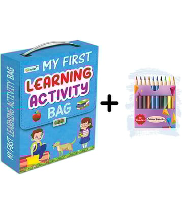 My first learning Activity bag and 10 COLOUR PENCILS : Kids activity book, Activity Bag for early learners, Mazes,Small Letters,Capital Letter & more- Combo of Learning bag with 10 free colour pencils