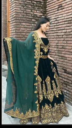 Heavy Velvet  Lehenga-Blouse-Odhani with zardozi tilla in deep greens