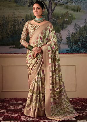 Shadow Green Woven Banarasi Tussar Silk Saree With Digital Print