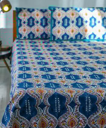 White blue hand block printed sanganeri cotton double bed bedsheet